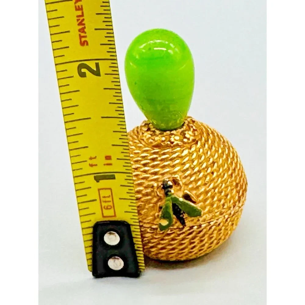 FLORENZA Jewelry Trinket Pill Box Insect Bug Bee Enamel Hive Green Glass‎ Top